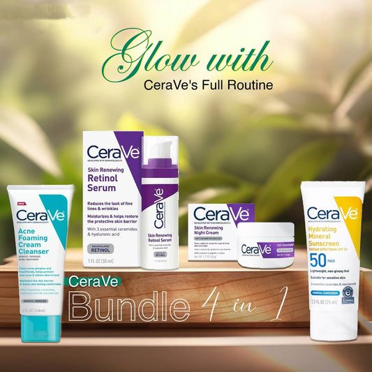 CeraVe 4-in-1 Skincare Bundle: Night Cream, Sunblock, Cleanser & Serum for Radiant Skin